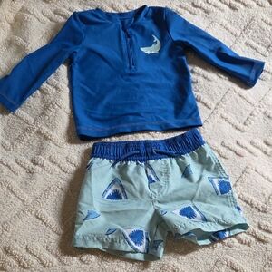 Carter's Blue Shark Rash Guard & Light Blue Shark Print Swim Trunks